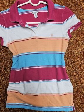 Striped American Eagle Y2k Polo Top in Pink, Peach & Blue
